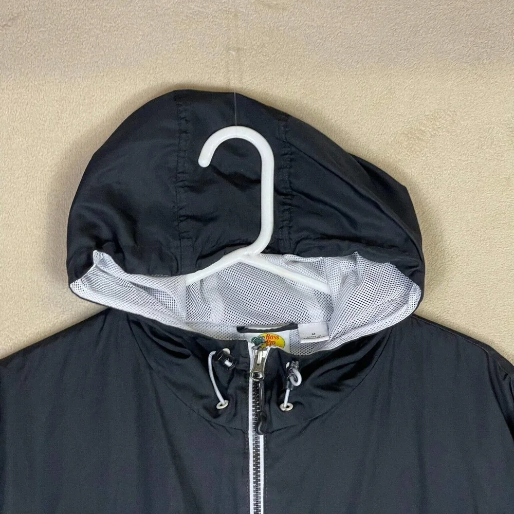 Bass Pro Shops Jacket Adult Medium Black Windbreaker‎ Full Zip Hoodie Lined Mens